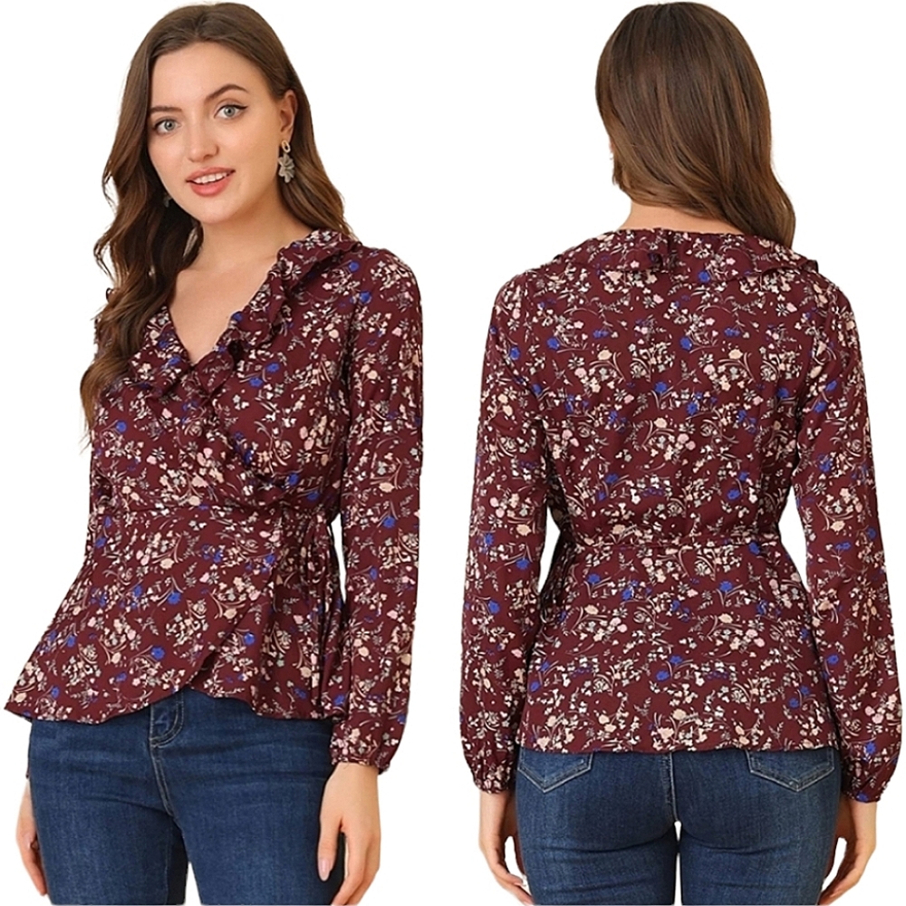 💎Allegra K Burgundy Floral Blouse💎I didn’t wear I work in a tire shop 🥺
